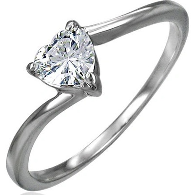 Šperky eshop zásnubní ocelový prsten zirkonové srdíčko čiré úzká zahnutá ramena D4.14