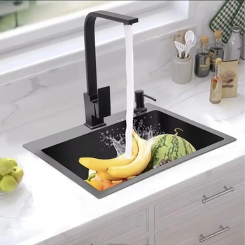 Inter Ceramic Кухненска мивка със смесител и дозатор в черен цвят 4130