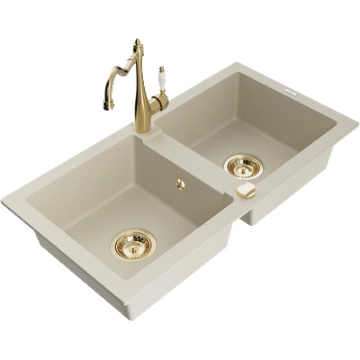 Mexen Mario гранитна мивка с 2 отделения и кухненски смесител Carla, бежов - 6504-69-670700-50 (6504-69-670700-50)