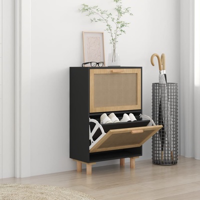 vidaXL Шкаф за обувки черен 52x25x80 см инженерно дърво и ратан (345646)