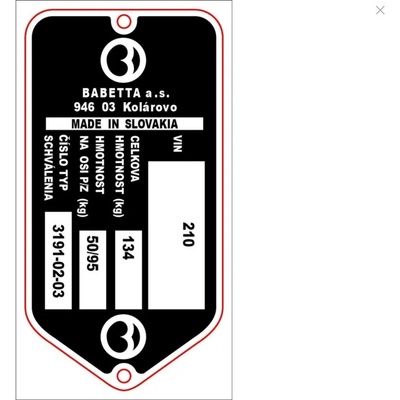 MOTOMAX s.r.o Výrobní štítek Babetta 210 Kolárovo