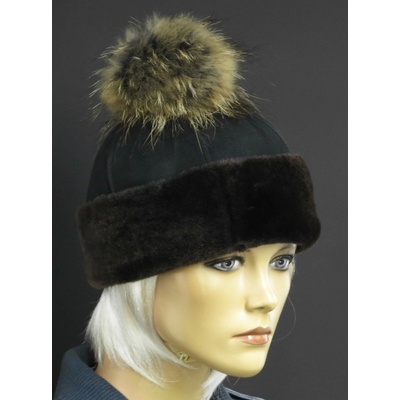 Splus Kožešinová čepice s bambulí z mývalovce 4705 černá s hnědým lemem