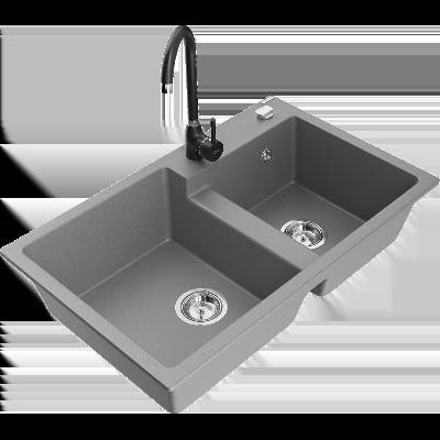 Tomas двоен гранитен кухненски мивка с кухненски смесител Telma, сив - 6516-71-670200-70 (6516-71-670200-70)