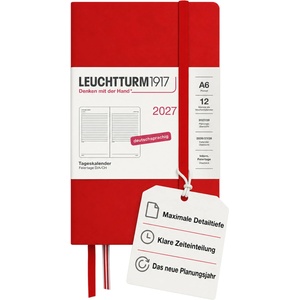 Leuchtturm1917 Daily Calendar 2027 Pocket (A6) - German, Cherry, 90 x 150 mm, January-December (12 months), 1 page per day, hourly grid 7: 00-22: 00, hardcover, 80 g/m2 paper - 400165 (400165)