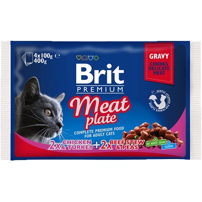 Brit Premium Cat Pouches Meat Plate - паучове за котка. Хапки с пилешко, пуешко и говеждо месо в сос грейви 4 x 100 гр