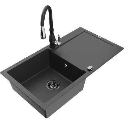 Mexen Leo гранитна мивка с 1 отделение с отцедник и кухненски смесител Savita, черен петна - 6501-76-672601-70-B (6501-76-672601-70-B)