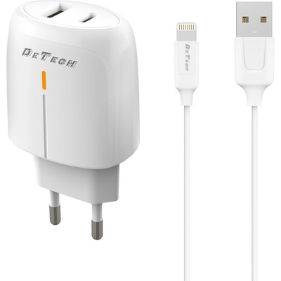 DeTech Мрежово зарядно устройство DeTech DE-31i, 20W, С Lightning кабел, 1 x Type-C F, 1 x USB F, PD, QC, Бял - 40320 (40320)