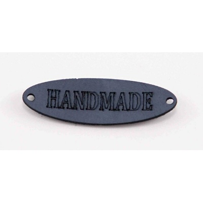Našívacia kožená štítok Handmade - ovál - šedomodrá - rozmer 3,5 x 1 cm