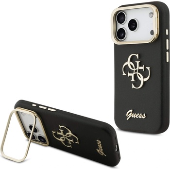 GUESS Дизайнерски кожен кейс с вградена поставка за iPhone 17 Pro - Guess PU Grained 4G Logo Stand Camera Frame Case (черен) (GUHCP17LPCS4GSK)