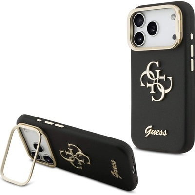 GUESS Дизайнерски кожен кейс с вградена поставка за iPhone 17 Pro - Guess PU Grained 4G Logo Stand Camera Frame Case (черен) (GUHCP17LPCS4GSK)