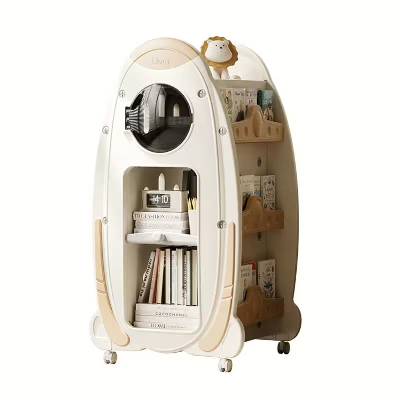 Детска библиотека с въртящ се дизайн и място за съхранение на книги и аксесоари, кафява