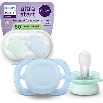 Philips Залъгалки Philips Avent - Ultra Start, за момче, пастелни цветове с кутия за стерилизиране, 0-2 m, 2 броя (00A.0632.001)