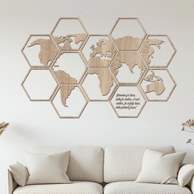 dřevo života Dřevěná mapa světa Hexagon Zvolte barvu dekoru: Dub Sonoma, Rozměry (cm): 93x60