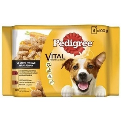 Pedigree Adult Vital Protection s hovädzím a jahňacím mäsom v šťave s morčacím mäsom a mrkvou v šťave 4 x 100 g