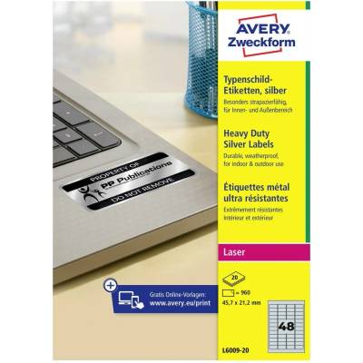 Avery-Zweckform L6009-20 45.7 x 21.2 mm prehľad produktov fólie strieborná 960 ks trvalé typové štítky laser, kópie; L6009-20