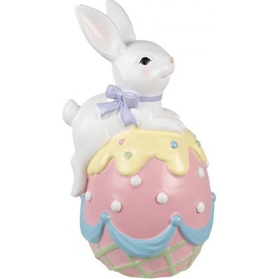 Dekorace socha bílý králík s mašlí na barevné kraslici - 32*28*55 cm – Zboží Dáma