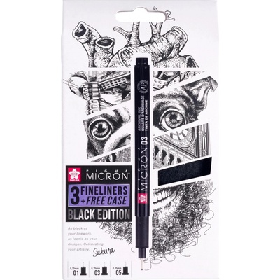 Sakura poxsdkb3 Edice v Černém Pigma Micron s pouzdrem 3 ks