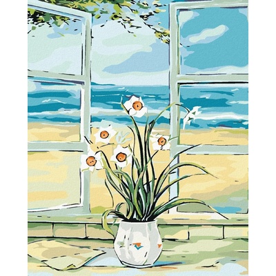 zuty Malování podle čísel narcis v okně u pláže 40 x 50 cm vypnuté plátno na rám