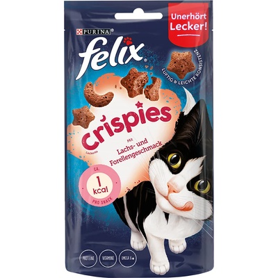 FELIX 3 + 1 подарък! Felix лакомства за котки - Crispies, сьомга и пъстърва (4 x 45 г)