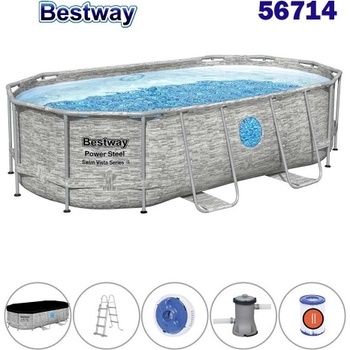 Bestway Басейн с конструкция, овал, 427x250x100 см, Bestway 56714 Power Steel Swim Vista Series II, с филтърна помпа, стълба, покривало, дозатор за хлор (56714 Power Steel Swim Vista Series II)