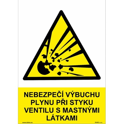DUKO NEBEZPEČÍ VÝBUCHU PLYNU PŘI STYKU VENTILU S MASTNÝMI LÁTKAMI Formát: 210 x 297 mm, Materiál: samolepící vinylová fólie – Zboží Mobilmania