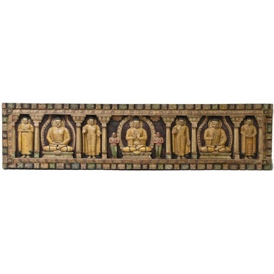 Sanu Babu Vyřezávaný panel 5 Buddhů, malovaný antik, 212x7x52cm