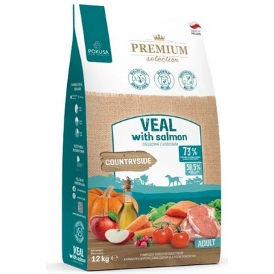 POKUSA Premium Selection Countryside - храна за пораснали кучета от всички породи, хипоалергенна формула, без зърно, с телешко и сьомга, 12 кг - Полша