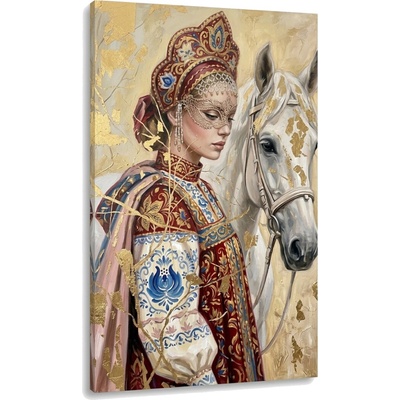 Obraz ženy s koňom a maskou na plátne – s ručne maľovanými detailmi - 100x150 cm