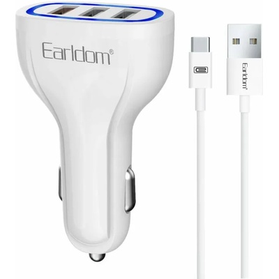 Earldom Зарядно устройство за кола Earldom ES-CC13, 3xUSB, QC3.0, С Type-C кабел, Бял - 40254
