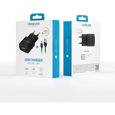 Forever Зарядно 220V TC-01 + кабел USB C 2A Forever черно