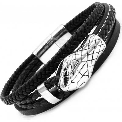 Steel Jewelry náramek Had pánský černý kožený s kombinací chirurgické oceli had NR231032