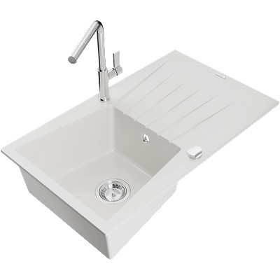 Mexen Cesar гранитна мивка с едно корито с отцедник и кухненски смесител Flora, бял - 6514-20-670401-00 (6514-20-670401-00)