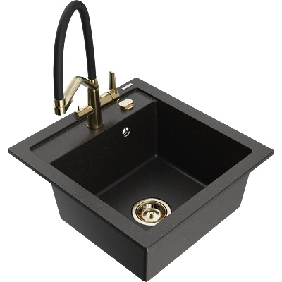 Mexen Vito еднокамерен гранитен мивка с кухненски смесител Duo, черен/златист металик - 6503-75-671701-57-G (6503-75-671701-57-G)