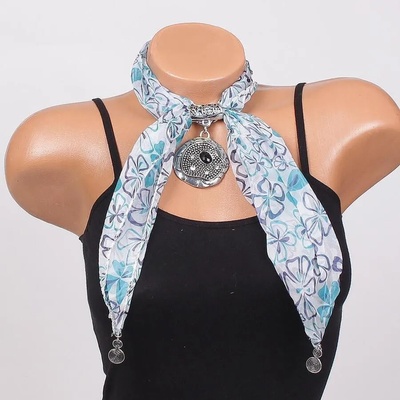 Бяло фишу на цветя в тюркоазено и черно с бижу