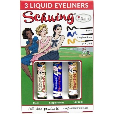 theBalm Schwing® Schwing liquid eyeliner Black tekuté oční linky 1,7 ml + Schwing liquid eyeliner Sapphire Blue tekuté oční linky 1,7 ml + Schwing liquid eyeliner 14K Gold tekuté oční linky 1,7 ml dár