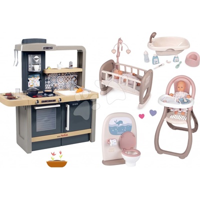 Smoby Set kuchynka elektronická s nastaviteľnou výškou Tefal Evolutive a záchod s kúpeľňou pre bábiky s vaničkou stoličkou a kolískou