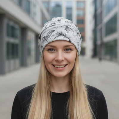 Ebbie bavlněný turban-lotus-bez kamínkového loga PIVOŇKY ČERNOBÍLÉ