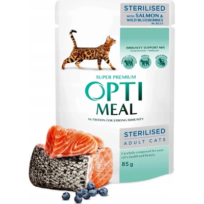 Optimeal Superpremium pre sterilizované mačky s lososom a lesnými čučoriedkami v želé 85 g