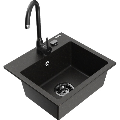 Mexen Milo гранитна мивка с 1 отделение с кухненски смесител Telma, черен/златен - 6505-75-670200-70-B (6505-75-670200-70-B)