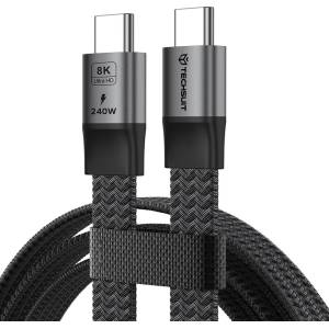 Techsuit Здрав USB4 кабел с въжена оплетка и дисплей, за устройства с USB-C порт - Techsuit CX1 ElysiumSync Pro USB4 USB-C to USB-C Cable 240W (120 см) (черен) (KF2364908)