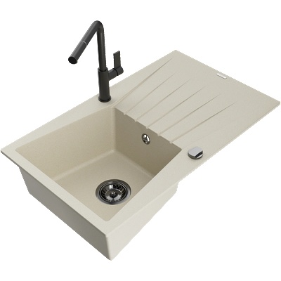 Mexen Cesar кухненска мивка от гранит с една камера и отцедник и кухненски смесител Flora, бежов - 6514-69-670401-70-B (6514-69-670401-70-B)
