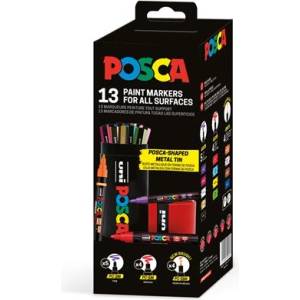 uni Комплект декоративни маркери, Posca с метална кутия, UNI "Posca", 13 различни цвята