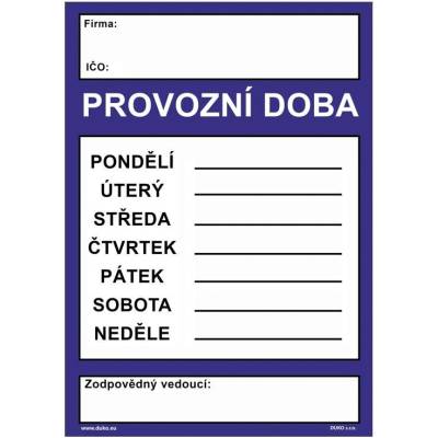 DUKO PROVOZNÍ DOBA Formát: 148 x 210 mm, Materiál: plast 3 mm, samolepící vinylová fólie