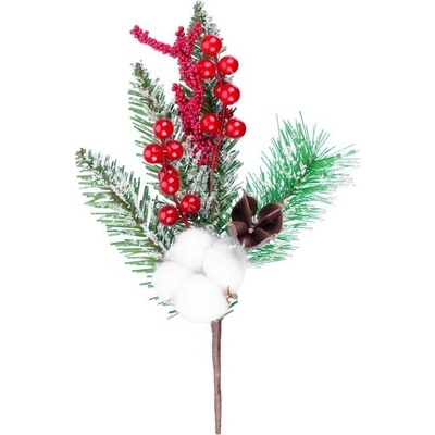 Vetvička MagicHome Vianoce s bavlnou a bobuľkami červená 30 cm