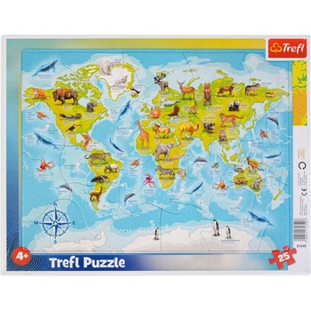 Trefl Детски пъзел Trefl от 25 части - Карта на света с животни (31340)