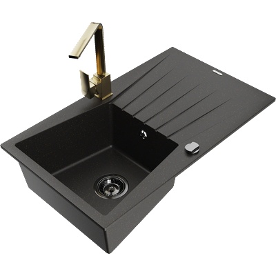 Mexen Cesar кухненска мивка от гранит с 1 отделение, отцедник и смесител Rita, черен/златен металик - 6514-75-670300-50-B (6514-75-670300-50-B)
