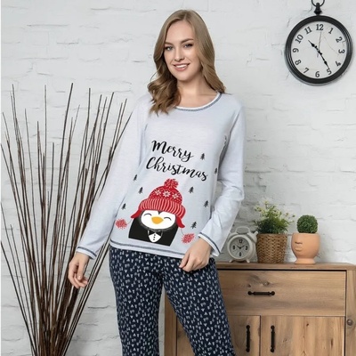 Коледна пижама в сиво и тъмносиньо с пингвинче