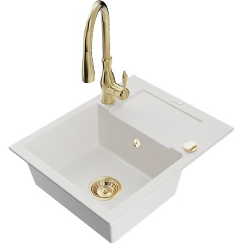 Mexen Enzo кухненска мивка от гранит с 1 отделение с отцедник и кухненски смесител Savita, бял - 6506-20-672601-50 (6506-20-672601-50)