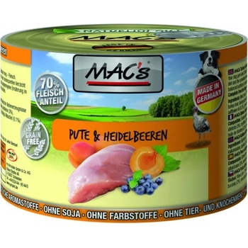 MAC's Mac’s Dog Adult, консерва за пораснали кучета, БЕЗ ЗЪРНО, с пуйка, боровинки и кайсии (мин. 70% месо), 200 гр - Германия - 946VE