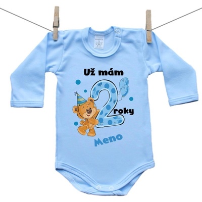 Boodyy Modré body s dlhým rukávom Už mám 2 roky s Medvedíkom a menom dieťatka Chlapec